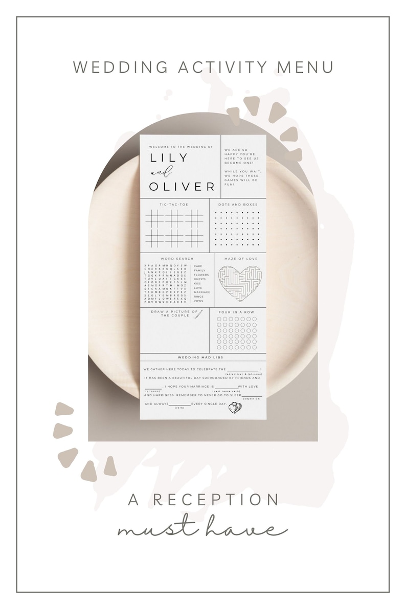 May include: A printable wedding activity menu with games like tic-tac-toe, dots and boxes, a word search, a maze, and a mad libs game. The menu is decorated with a brown and white abstract design and the text "Wedding Activity Menu" and "A Reception Must Have".