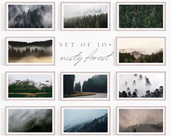 May include: A set of ten framed landscape prints featuring misty forest scenes. The images showcase various views of fog-covered trees, mountains, and a winding road. The text "Set of 10+ misty forest" is displayed in the center.