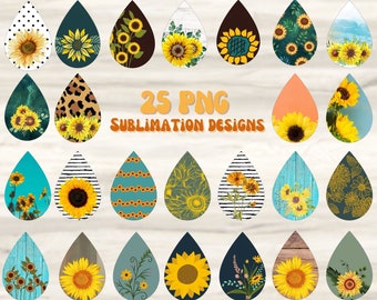May include: 25 PNG sublimation designs featuring various sunflower and floral patterns in a teardrop shape. The designs are perfect for creating unique and personalized crafts.