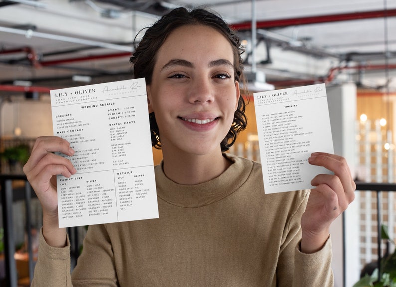 May include: A person holding two sheets of paper with wedding details. The first sheet lists wedding details, including the location, start time, sunset time, and bridal party. The second sheet lists a wedding timeline with times and events.