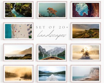 May include: Set of 20+ landscape photographs in white frames. The photos feature a variety of landscapes, including beaches, mountains, forests, and lakes. The photos are all in a similar style, with a soft, muted color palette.