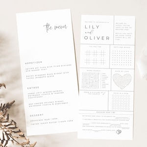 MEILLEURE VENTE Modèle de menu d'activité de décor de mariage minimaliste, Feuille de jeu, Menu de dîner de mariage moderne, Imprimable, Téléchargement numérique, Modifiable