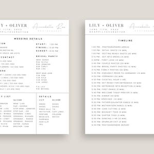 May include: A black and white wedding timeline and details sheet with the names Lily and Oliver. The timeline includes details such as the arrival of photographers, getting ready shots, first look, bridal party photos, ceremony, cocktail hour, dinner, and dances. The details section includes a list of family members and a list of details for the bride and groom, such as dress, shoes, invitation, rings, perfume, necklace, earrings, hair clip, and veil.