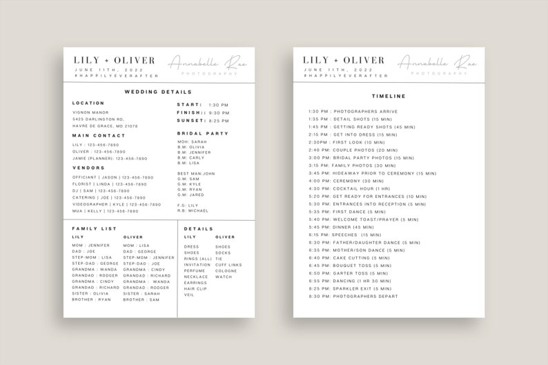 May include: A black and white wedding timeline and details sheet with the names Lily and Oliver. The timeline includes details such as the arrival of photographers, getting ready shots, first look, bridal party photos, ceremony, cocktail hour, dinner, and dances. The details section includes a list of family members and a list of details for the bride and groom, such as dress, shoes, invitation, rings, perfume, necklace, earrings, hair clip, and veil.