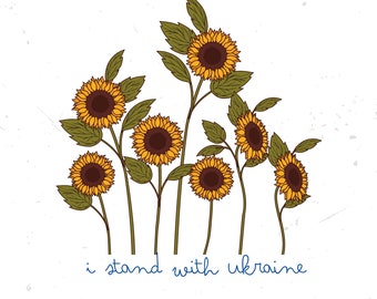 May include: A white background with a field of yellow sunflowers with green stems and leaves. The text "i stand with ukraine" is written in blue at the bottom of the image.