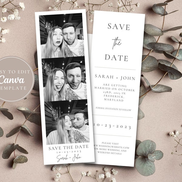 Personalisierte Fotostreifen Save the Date, bearbeitbare Canva-Vorlage, DIY druckbare 2 x 6 Lesezeichen-Einladung, anpassbare Hochzeitsankündigung