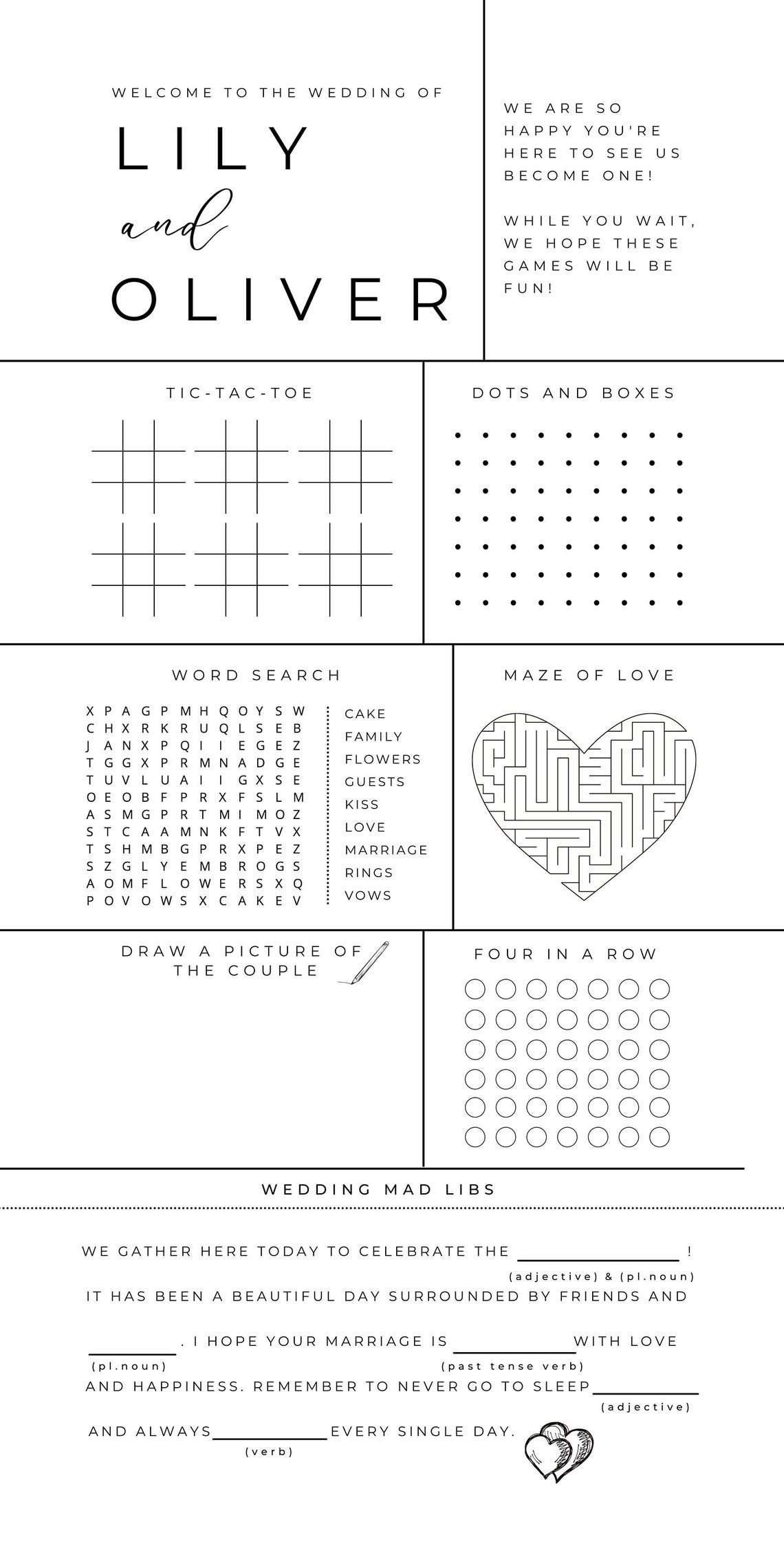 Wedding Reception Game and Menu Template Activity Sheet Etsy