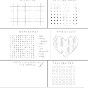 May include: A wedding invitation with a black and white design. The invitation features a word search, a maze, tic-tac-toe, dots and boxes, and a mad libs game. The text on the invitation reads "Welcome to the wedding of Lily and Oliver".