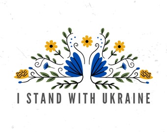 May include: A graphic design with a stylized floral arrangement in shades of blue, green, and yellow. The text "I stand with Ukraine" is below the floral design.
