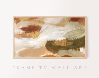 May include: Abstract art print with a wood frame. The print features a mix of brown, gold, white, and green paint strokes.