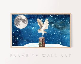 May include: A watercolor painting of an owl flying in front of a full moon and a starry night sky. The owl is perched on a wooden post with snow on the ground.