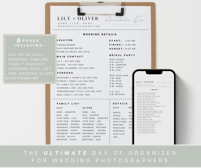 May include: A wedding day of organizer checklist for photographers. The checklist includes a timeline, family list, bridal party, and wedding details. The checklist is printed on a white background with black text.