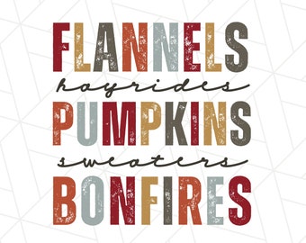 May include: A graphic design with the text "Flannels, hayrides, pumpkins, sweaters, bonfires" in a variety of colors and fonts. The text is layered on a white background with a geometric pattern.