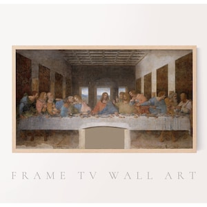 Puede incluir: Una pintura enmarcada que representa La Última Cena de Leonardo da Vinci. La pintura muestra a Jesucristo y sus 12 discípulos reunidos alrededor de una mesa para una comida. La pintura está ambientada en una habitación con un techo abovedado y una ventana en la parte posterior.