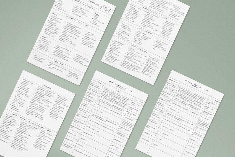 May include: A printable wedding checklist with sections for getting ready portraits, ceremony, reception details, reception choices, and detailed family portraits. The checklist is printed on white paper with black text.