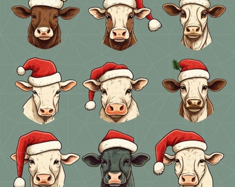 May include: Nine cartoon cow faces wearing red and white Santa hats. The cows have various coat colors, including brown, black, and white. The background is a light green with a geometric pattern.
