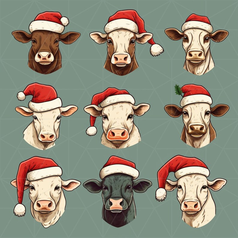 May include: Nine cartoon cow faces wearing red and white Santa hats. The cows have various coat colors, including brown, black, and white. The background is a light green with a geometric pattern.