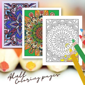 May include: Three printable adult coloring pages featuring intricate mandala designs. The first page has a blue, pink, and purple mandala. The second page has a green, orange, and yellow mandala. The third page has a black and white mandala.