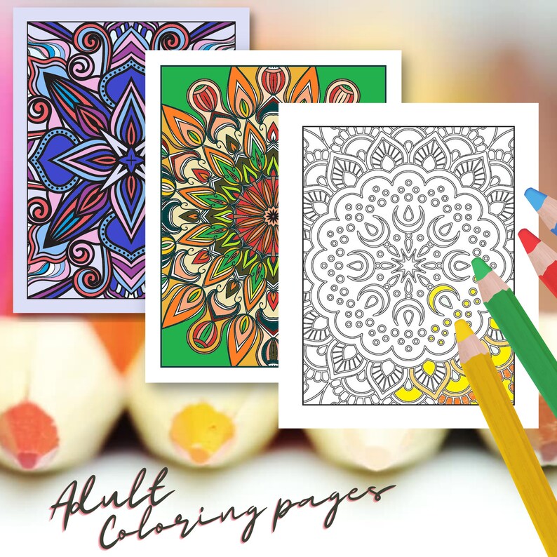 May include: Three printable adult coloring pages featuring intricate mandala designs. The first page has a blue, pink, and purple mandala. The second page has a green, orange, and yellow mandala. The third page has a black and white mandala.