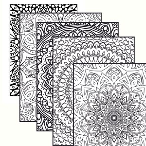 May include: Five black and white mandala designs, each with intricate patterns and details. The mandalas are layered on top of each other, creating a visually interesting and complex image.