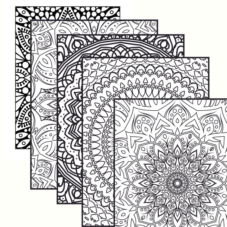 May include: Five black and white mandala designs, each with intricate patterns and details. The mandalas are layered on top of each other, creating a visually interesting and complex image.