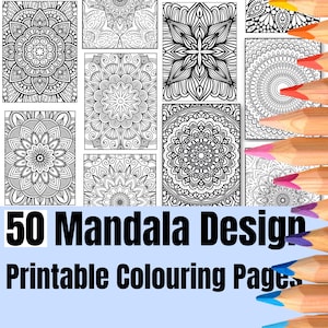 May include: A collection of 50 printable mandala designs for coloring. The designs are intricate and detailed, perfect for adults and children who enjoy coloring.