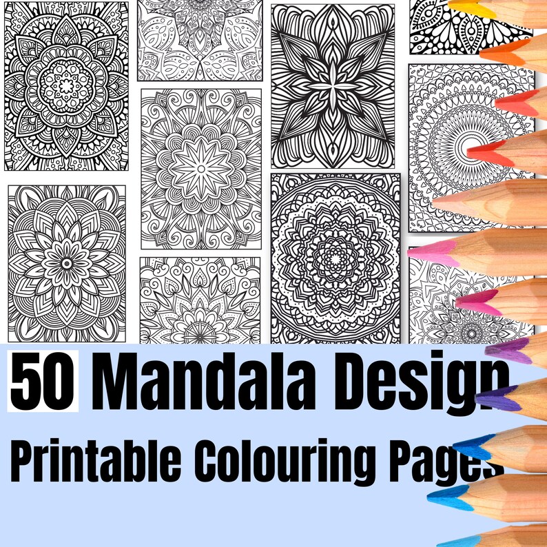 May include: A collection of 50 printable mandala designs for coloring. The designs are intricate and detailed, perfect for adults and children who enjoy coloring.