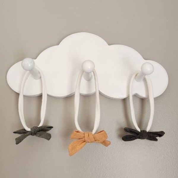 3 Peg Rail Cloud Shelf - Baby Nursery Decor - Headband Bow Holder - Cute Little Girl Organizer - Infant Turban Hanger - by DayOneWorkshop