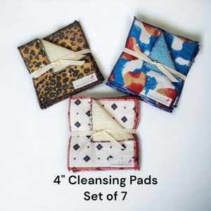 May include: Set of seven 4-inch cleansing pads. The pads are made of soft, absorbent fabric and are perfect for removing makeup and cleansing the skin. The pads are packaged in a stack and tied with a ribbon. The pads are in three different patterns: leopard print, blue and red floral, and a white and red geometric pattern.