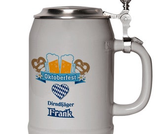 gepersonaliseerde donkergrijze bierpul 0,5 liter. met deksel, met persoonlijke foto, tekst en nog veel meer.