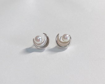 Moon Shaped Studs Earrings, Silver Studs Earrings, Minimalist Pearls Studs Earrings