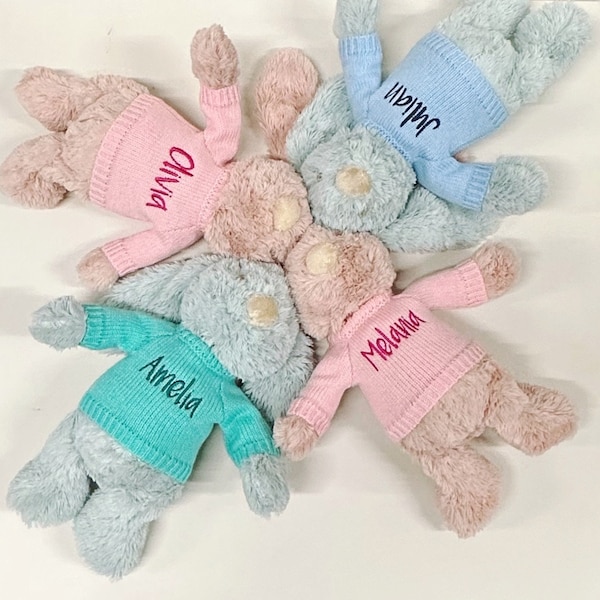 Medium Bunny With Jellycat Jumper Monogrammed Bunny JellycatLike Bunny Pesonalised Toy Baby Teddy Name Embroidered Pink Bunny New born Gift