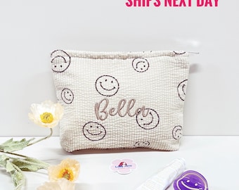 Smile Face Toiletry Bag Bridesmaid Toiletry Bag Personalised Makeup Bag Smile face Pencil Bag Bride Cosmetic Bags Custom Beige Make Up Bags