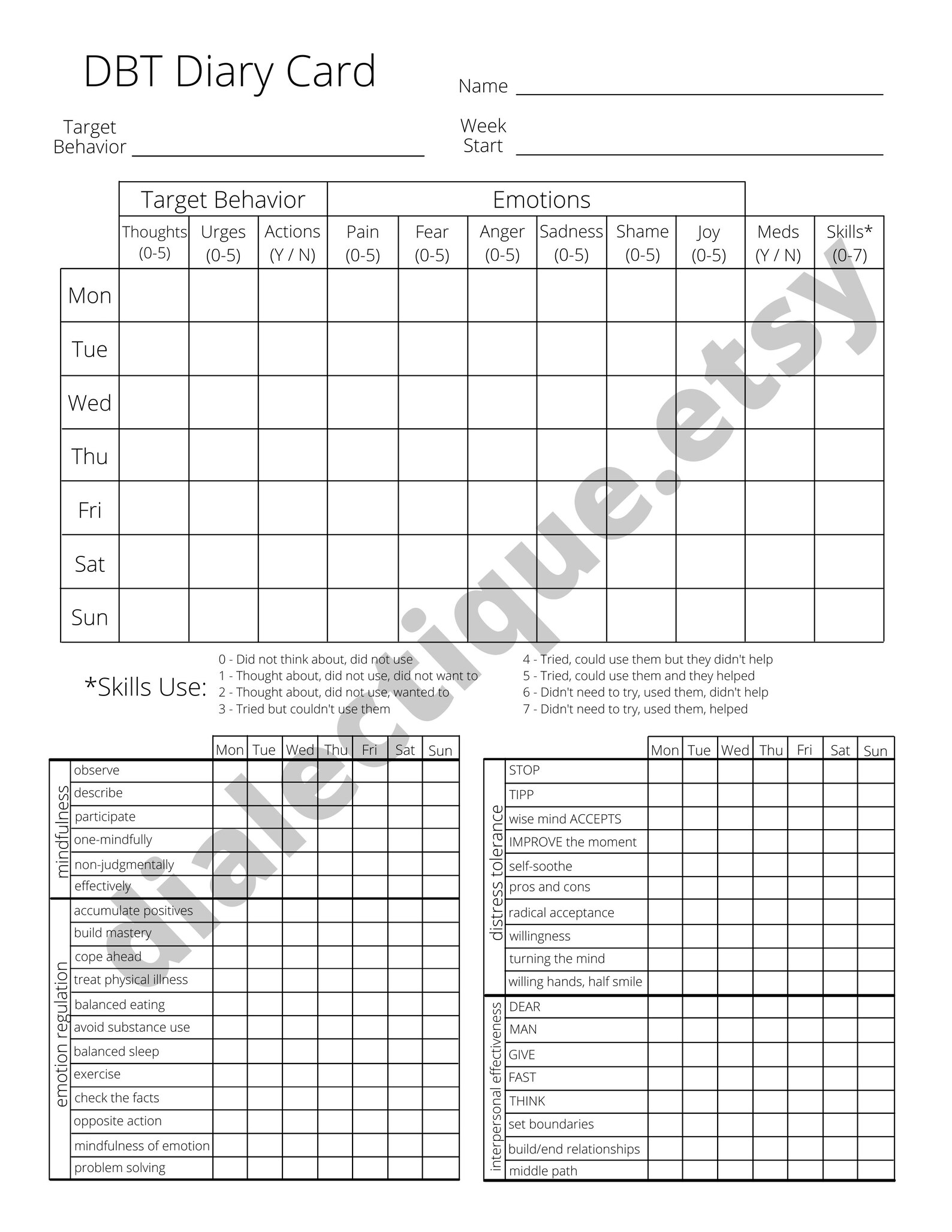 DBT Diary Card, Weekly DBT Skills Tracking - Etsy