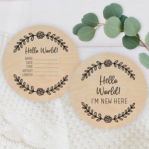 Baby Ankündigung Zeichen SVG, Hallo Welt SVG, Neugeborenen Jungen Geburtsinformationen, Bundle-Dateien für Cricut, Mädchen Onesies svg, Hello World PNG