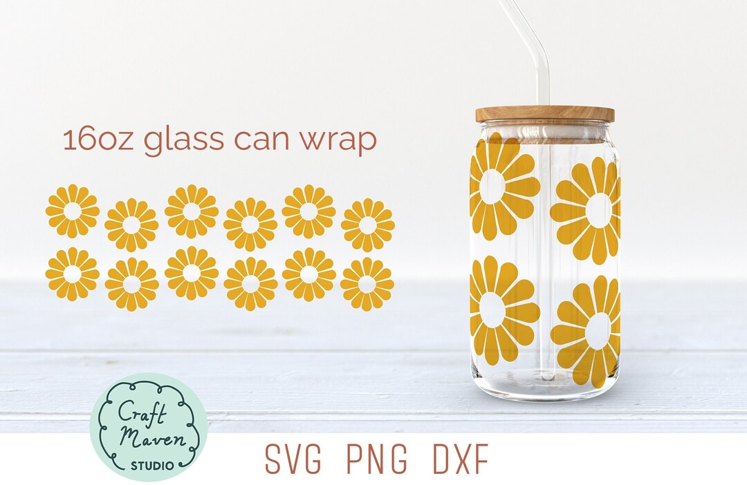 Libbey Can 16oz SVG Daisy Design, Libbey Glass Wrap Flower, 16oz Libbey ...