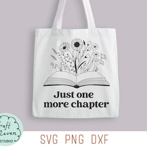Nog één hoofdstuk svg, boekenliefhebber svg png, draagtas svg, lezing svg-bestand, bibliotheek svg, draagtas bloemenboek, bloemenboek svg, dxf-bestand