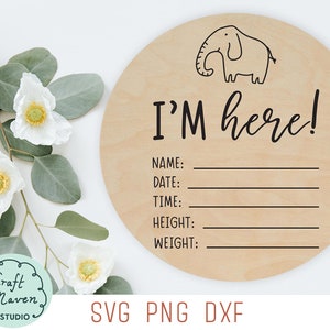 Ik ben hier svg, geboortestatistieken baby svg, geboortekaartje svg, geboortekaartje ronde svg, babyolifant svg, pasgeboren svg, babyjongen svg, png