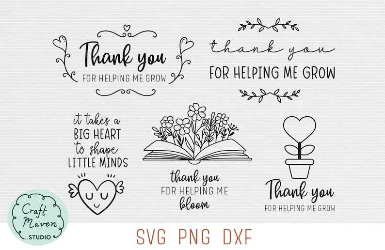 Puede incluir: Un conjunto de cinco archivos SVG imprimibles en blanco y negro con citas de agradecimiento para los profesores. Las citas incluyen "Gracias por ayudarme a crecer", "Se necesita un gran coraz&oacute;n para moldear las mentes peque&ntilde;as", "Gracias por ayudarme a florecer" y "Gracias por ayudarme a crecer".