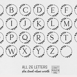 May include: A set of 26 alphabet letters in black, each letter is inside a circular wreath with a black outline and small black dots. The letters are in uppercase and are arranged in alphabetical order. The text "ALL 26 LETTERS plus stand-alone wreath" is at the bottom of the image. The text "CRAFT MAVEN studio" is also at the bottom of the image.