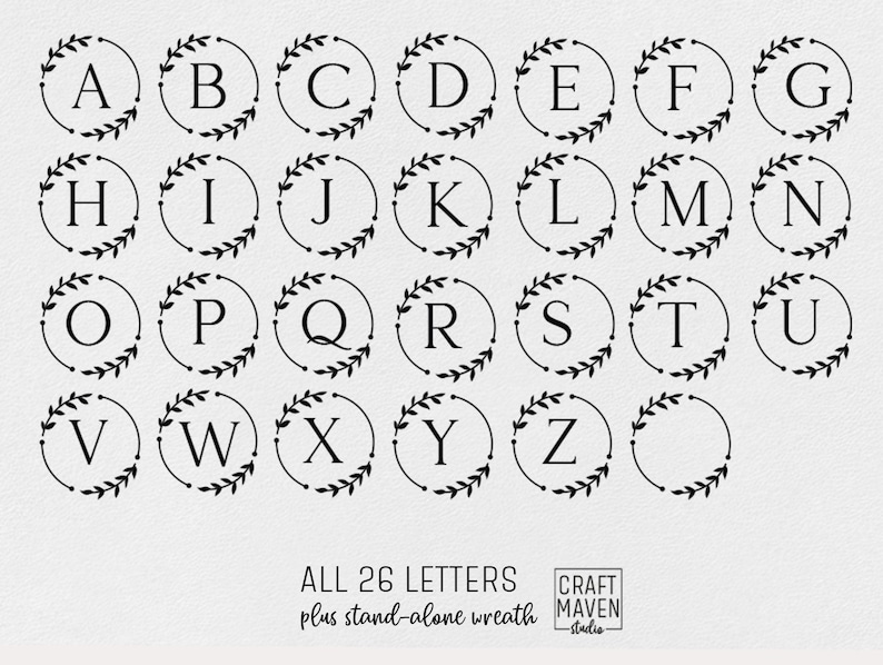 May include: A set of 26 alphabet letters in black, each letter is inside a circular wreath with a black outline and small black dots. The letters are in uppercase and are arranged in alphabetical order. The text "ALL 26 LETTERS plus stand-alone wreath" is at the bottom of the image. The text "CRAFT MAVEN studio" is also at the bottom of the image.