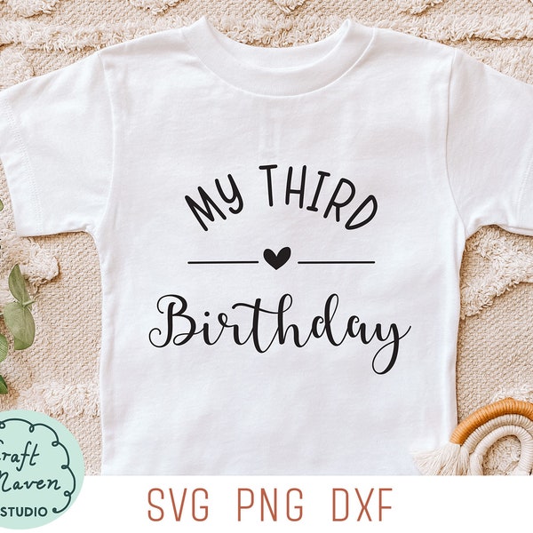 Mon troisième anniversaire SVG, 3e anniversaire T-shirt SVG, anniversaire chemise SVG, SVG pour l'anniversaire des tout-petits, joyeux anniversaire SVG, aujourd'hui j'ai trois ans