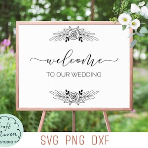 ウェディング サイン SVG へようこそ、花柄ウェディング サイン SVG、ウェディング ウェルカム サイン、ウェディング セレモニー サイン、エレガントなウェディング SVG、Png、Dxf