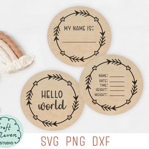 Hallo Welt SVG, Hallo Welt Runde, Babymitteilung SVG-Datei, Geburtsinformationen SVG, Hallo Baby Zeichen, neues Baby Ankündiung svg, Herz und Pfeil