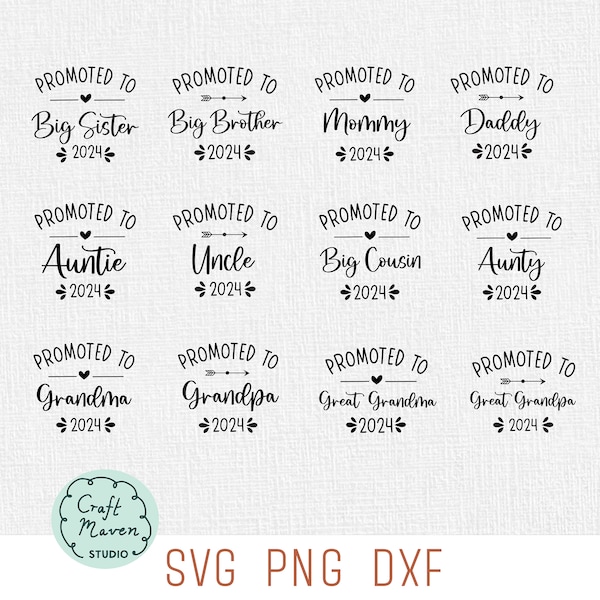 Family tshirts SVG bundle, Promoted to Mommy SVG, Promoted to Daddy SVG, Promoted to big brother svg, Promoted to big sister svg, 2024 svg