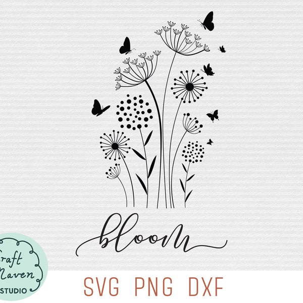 Bloom SVG, Wildflower Butterflies SVG, Wildflower saying svg, Bloom where you are planted svg, Dandelion svg, Floral cut file, Flowers svg
