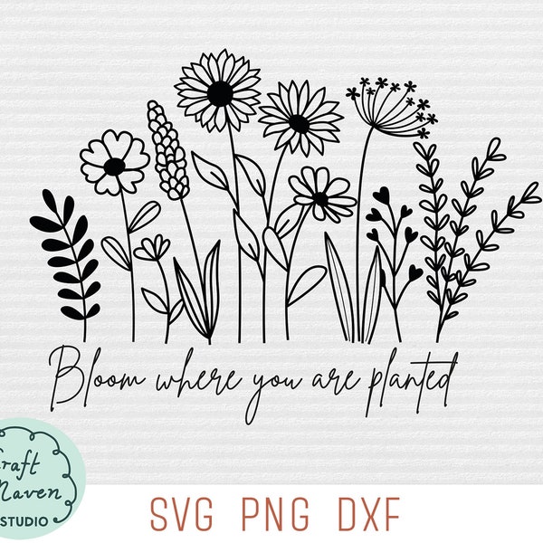 Bloom where you are planted SVG, Wildflower quote SVG, Flowers quotes SVG, Floral design Svg, Floral cut file, Dxf file, Sunflower Svg