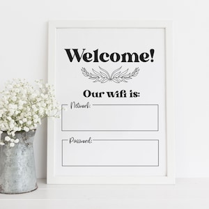 May include: A white framed sign with black text that says "Welcome! Our wifi is:" with blank lines for the network name and password.