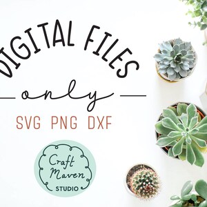May include: Digital files only, SVG PNG DXF, text on a white background with a green and white logo that says "Craft Maven Studio" and several potted succulents.