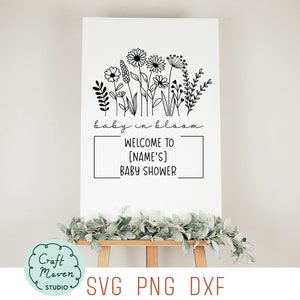 Baby-Dusche-Willkommensschild, Baby in Blüte SVG, anpassbare Babyparty-Signatur, Wildblumen-Signatur, DIY-Babyparty-Signatur, Png, Babyparty-Dxf